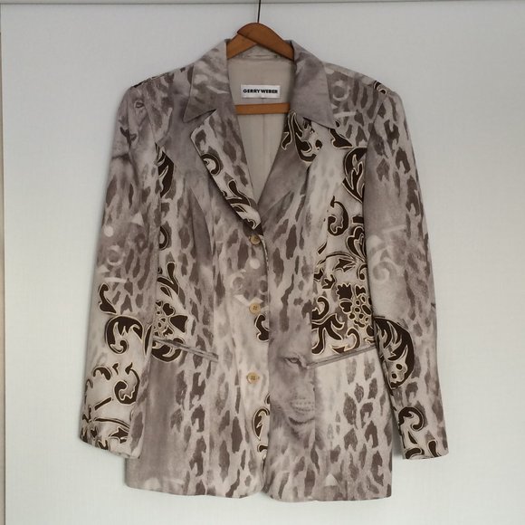 Gerry Weber Womens Jacket Blazer Sz 8 Gray Lion Tiger Print Long Sleeve Lined - Picture 1 of 10